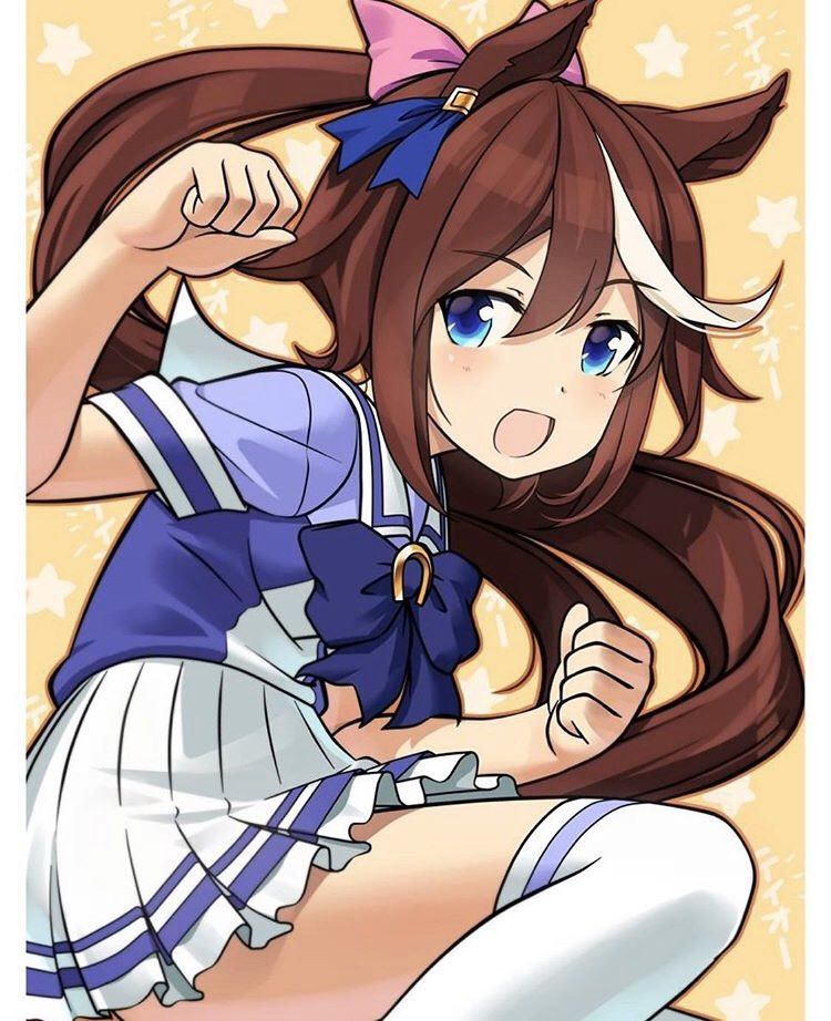 Anime girl Tokai Teio from Umamusume with brown hair and horse ears in a blue and white outfit