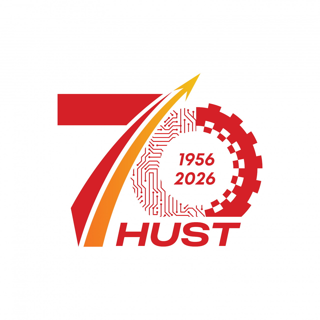 HUST 70th anniversary logo with number 70, circuit board pattern, gear wheel, and text 1956-2026