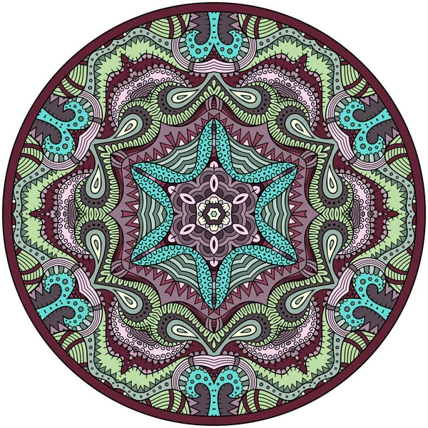 Circular mandala with turquoise and burgundy paisley patterns radiating from center in symmetrical design