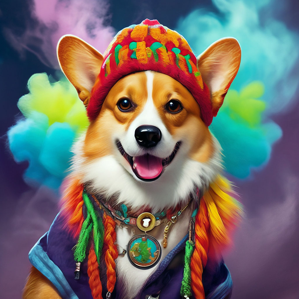 Corgi wearing rainbow Peruvian hat and colorful accessories with multicolored smoke backdrop