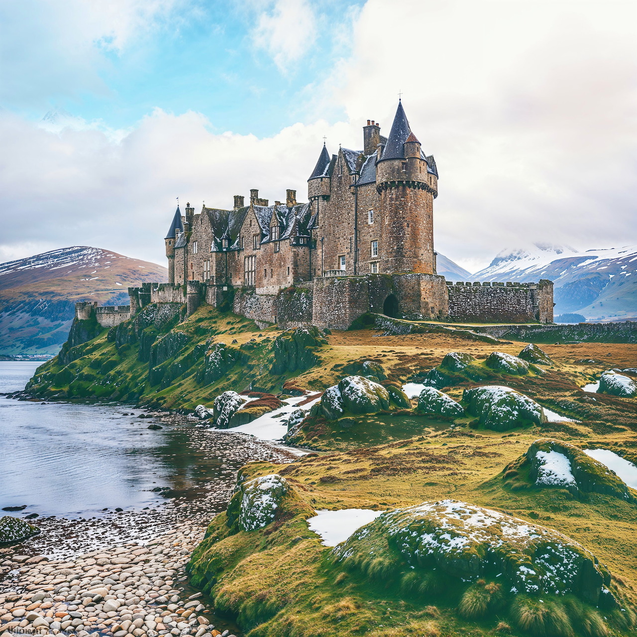 Stone castle on peninsula with mountains and loch in Scottish Highlands