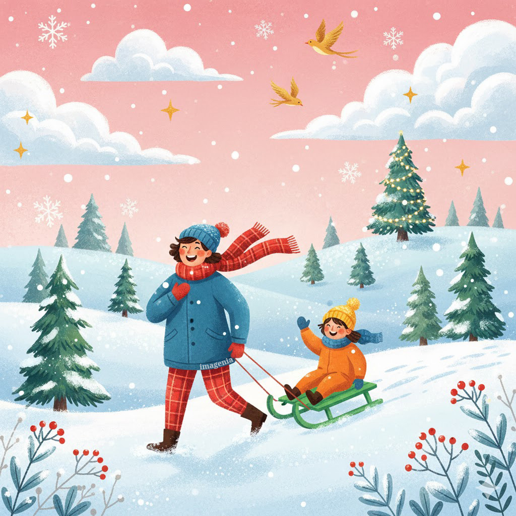 Illustration of a woman pulling a child on a sled through a snowy winter landscape with pine trees