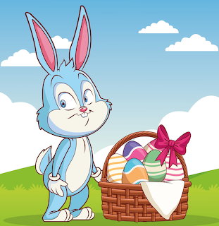 Cartoon blue bunny next to a basket of colorful Easter eggs on grass under a blue sky