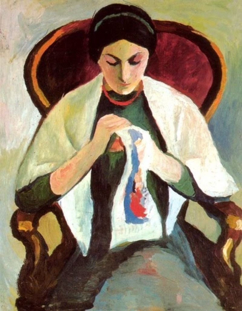 Painting of a woman sewing embroidery while seated in a large armchair