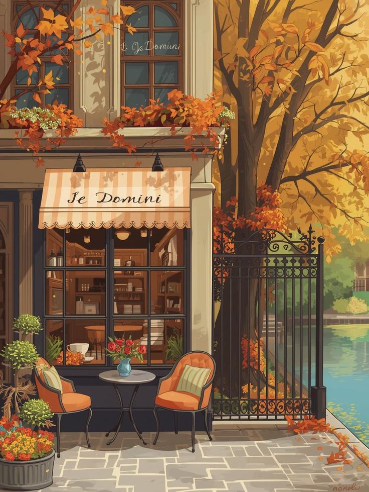 Anime illustration of a cozy corner cafe boutique with outdoor seats and warm lights