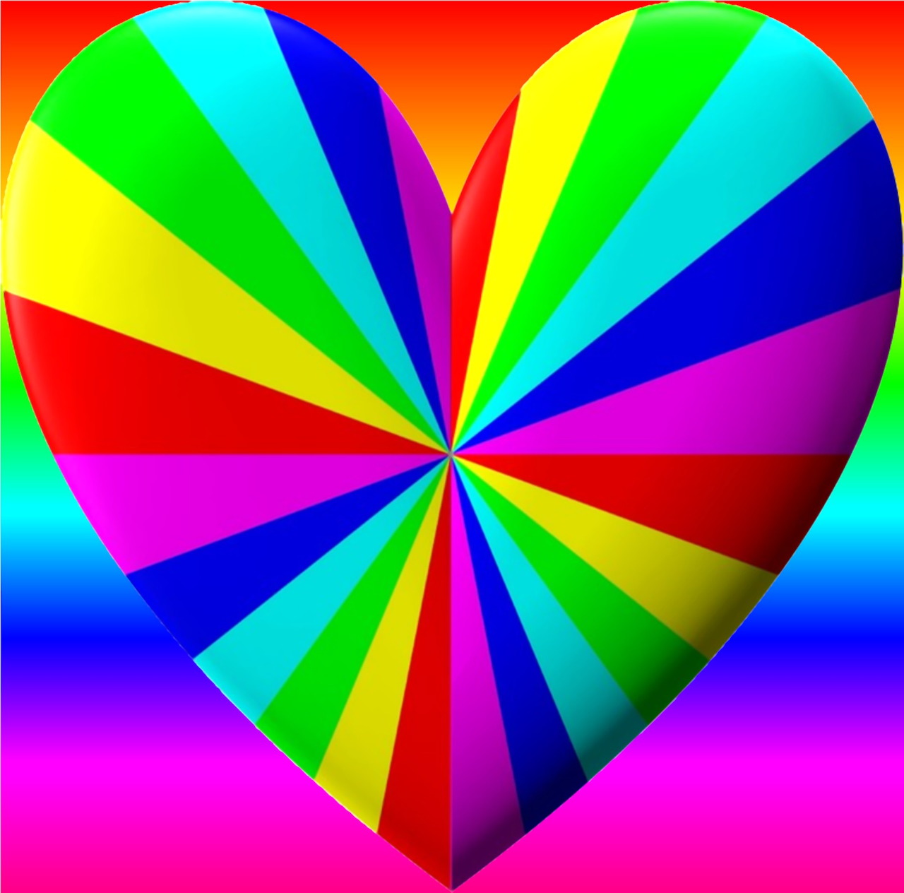 Colorful heart with rainbow rays radiating from center in geometric pattern