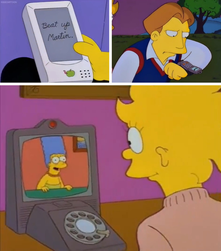 Simpsons animation panels showing characters using electronic communication devices including video calls and messaging