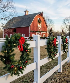 Red barn with Christmas wreaths on white fence and decorated evergreens in farmyard