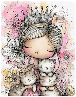 Watercolor illustration of a girl with a crown holding two kittens surrounded by flowers