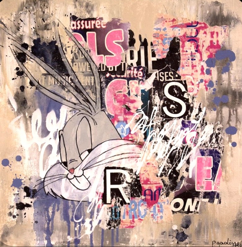 Bugs Bunny graffiti art with pink typography and paint splatters on tan background