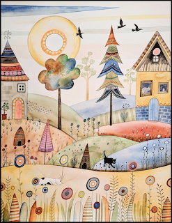 Folk art village scene with patterned houses, trees, flowers, and a black cat in warm earthy tones