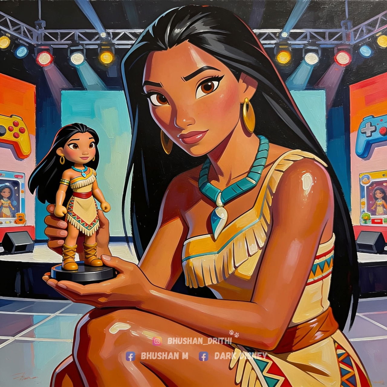 Pocahontas character in tan dress holding small figure in arcade setting with colorful screens