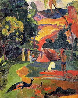 Gauguin painting of a tropical landscape with peacocks, trees, and figures in bold colors