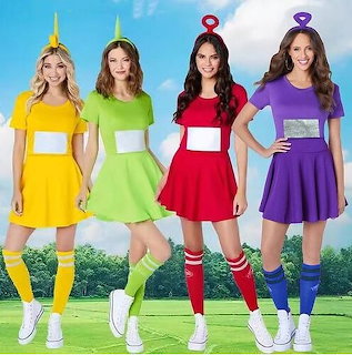 Four women in yellow, green, red, and purple Teletubbies costumes posing outdoors