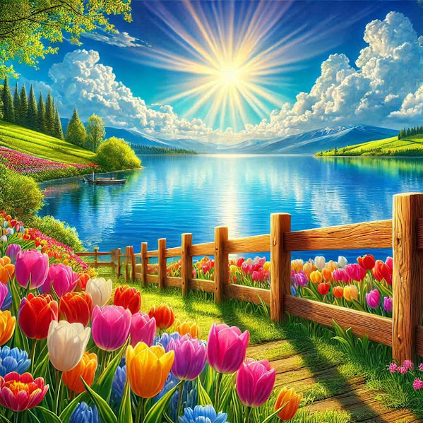 Lake Landscape with Tulips