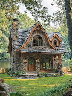 Stone cottage with peaked roof and arched window by lake with trees and green lawn