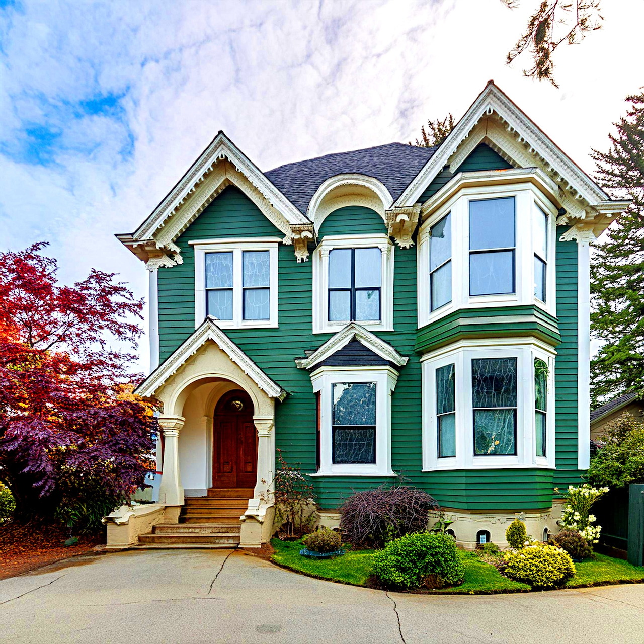Green Victorian house with white trim, bay windows, and landscaped front yard