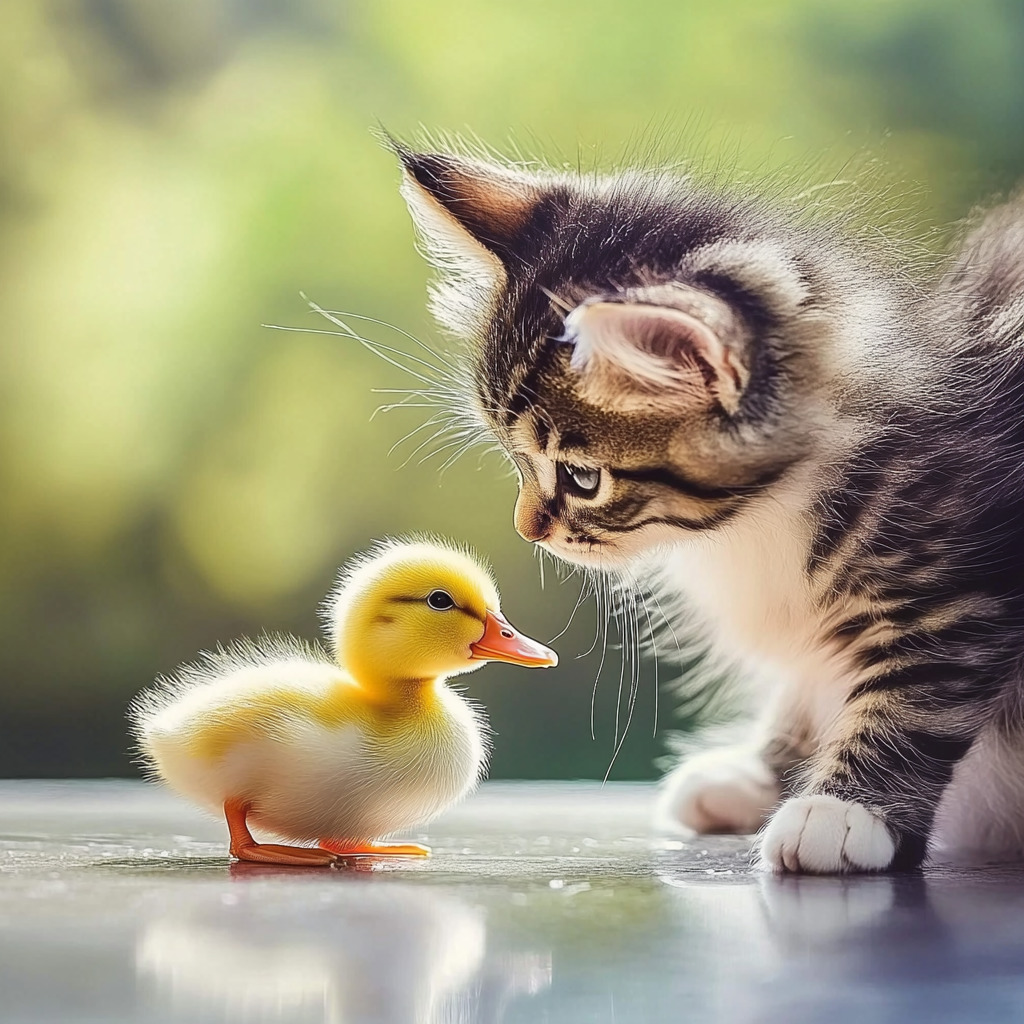 Tabby kitten looking curiously at a small yellow duckling standing close together
