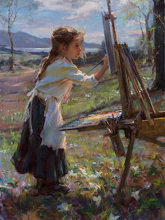 Oil painting of a young girl painting at an easel outdoors in a green meadow with mountains behind