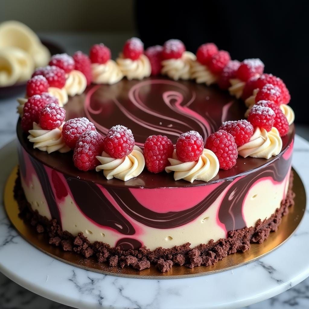 Round chocolate cake decorated with raspberries, cream swirls, and chocolate drizzle on white plate