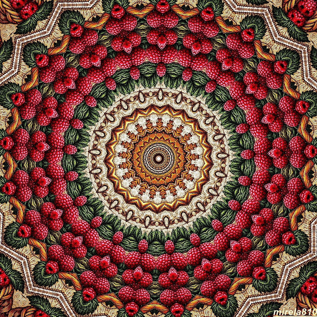 Detailed mandala with concentric circles of red flowers, gold center, and ornate beige border with geometric patterns