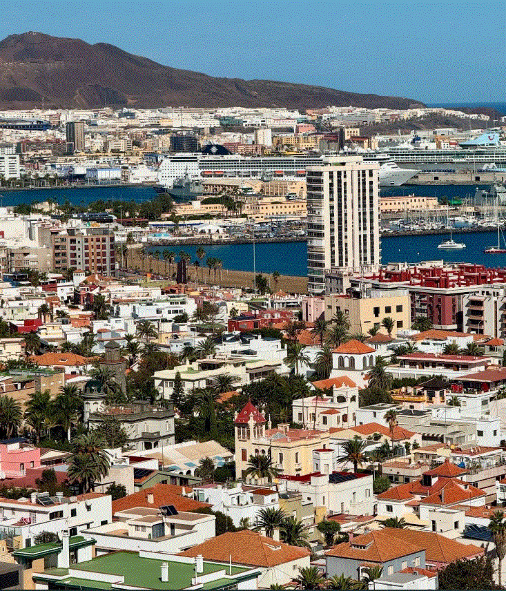 Coastal cityscape of Las Palmas, Spain with buildings along the shore