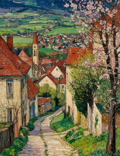 Painting of a village street with red-roofed houses, church tower, and bloming spring tree