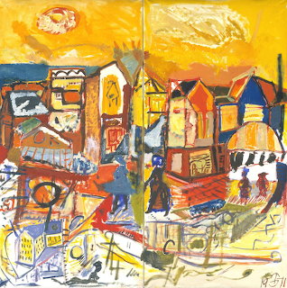 Abstract expressionist painting of colorful Danish buildings in warm yellows, oranges, and blues with bold geometric shapes