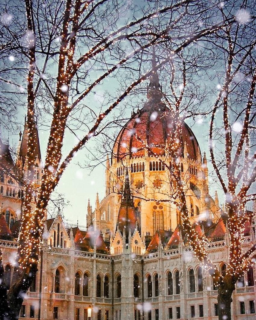 Budapest Parliament dome glowing at dusk with Christmas light-wrapped trees in foreground