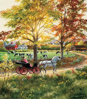 Horse-drawn carriage on country road passing autumn farm with grazing cows, barn, and colorful fall trees