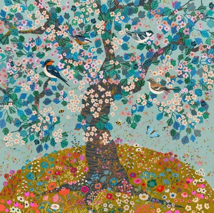Colorful painting of a blossoming tree with birds and many flowers