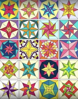 Grid of 20 colorful geometric star quilt blocks with varied designs and vibrant color schemes