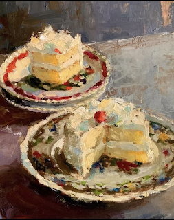Oil painting of two slices of white layered cake with cheries on decorative plates