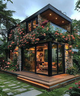 Modern glass house covered in pink climbing roses surrounded by garden at twilight