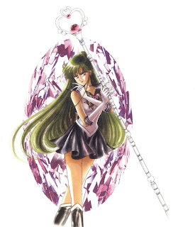 Anime girl with long green hair, purple wings, and a small stringed instrument on a white background
