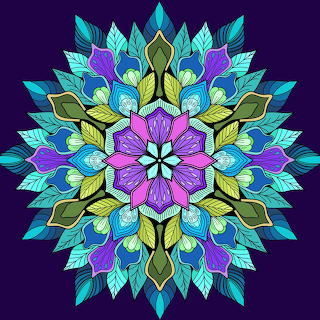 Colorful floral mandala with purple, blue, and green petal and leaf patterns on a dark background