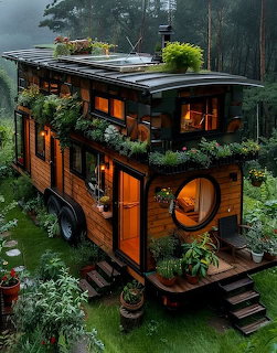Wooden tiny house on wheels with lit windows, round door, roftop garden, surrounded by green plants in misty forest