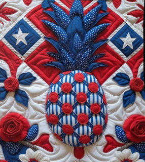 Patriotic pineapple quilt with red white and blue fabric, roses, stars, and detailedstitching