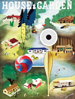 Vertical collage of houses, gardens, trees, dart, and ball on textured background