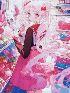Anime girl with pink hair in sailor uniform standing in a convenience store with flowing ribbons
