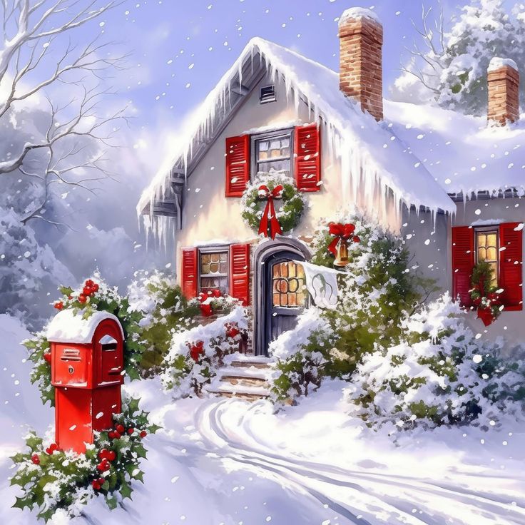 Snow-covered cottage with red shutters, Christmas wreaths, and a red mailbox in winter