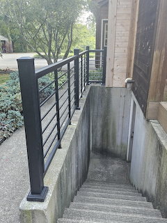 Concrete basement stairwell beside a house with a black metal railing