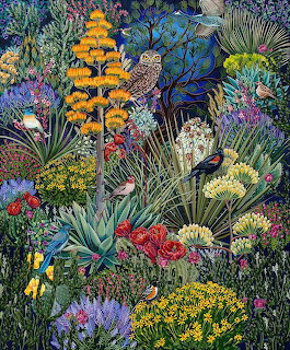 Detailed garden painting with blooming flowers, succulents, and several colorful birds in dense foliage