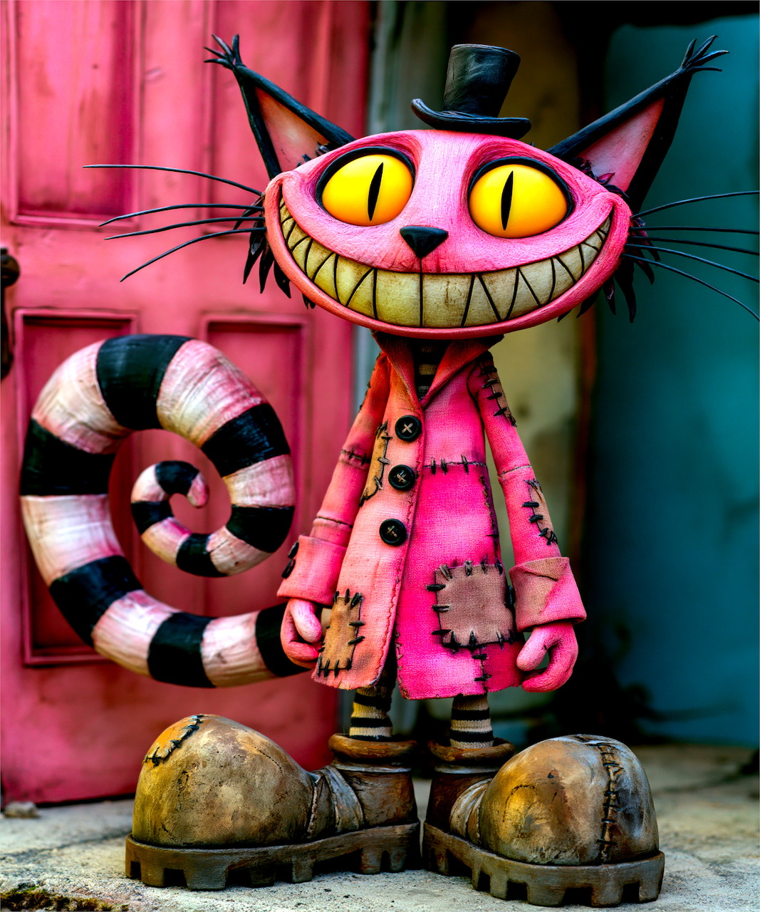 Pink grinning Cheshire Cat sculpture with yellow eyes, striped tail, top hat and large boots