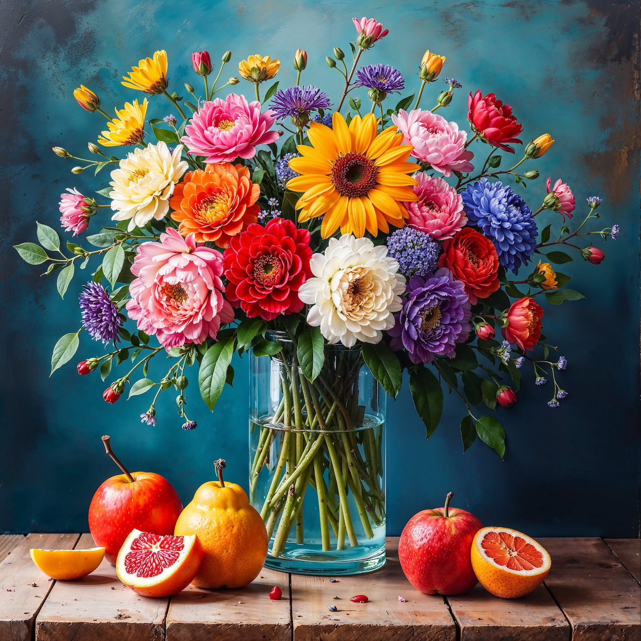 Colorful bouquet of roses, sunflowers, and dahlias in glass vase with assorted fruits on wooden surface