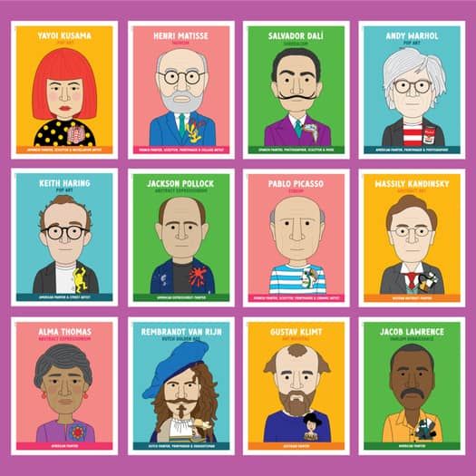 Grid of 12 illustrated artist portraits in colorful frames with names below each character