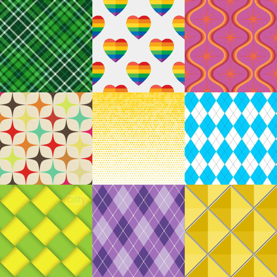 Grid of nine colorful geometric pattern squares including plaid, hearts, waves, argyle, chevron, and diamond designs