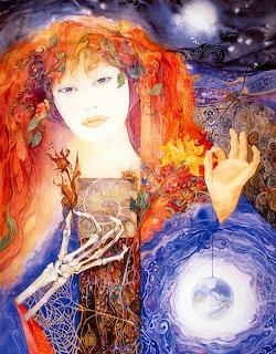 Fantasy painting of a pale red-haired woman in an ornate dress holding a glowing orb