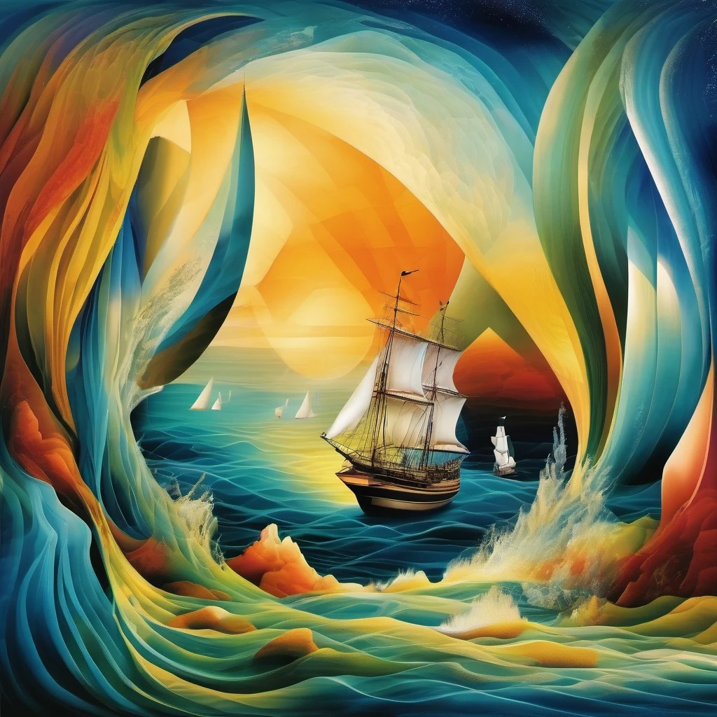 Surreal sailing ship surrounded by colorful swirling wave tunnel under glowing sky