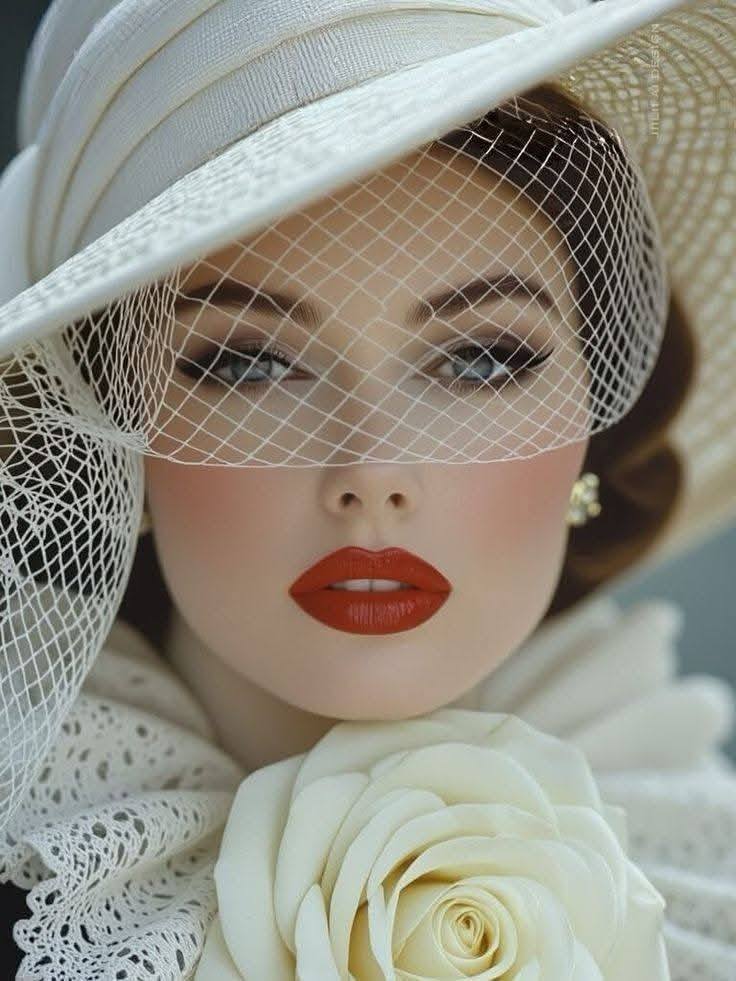 Close-up of an elegant woman in a white hat with net veil, red lips, and a white rose